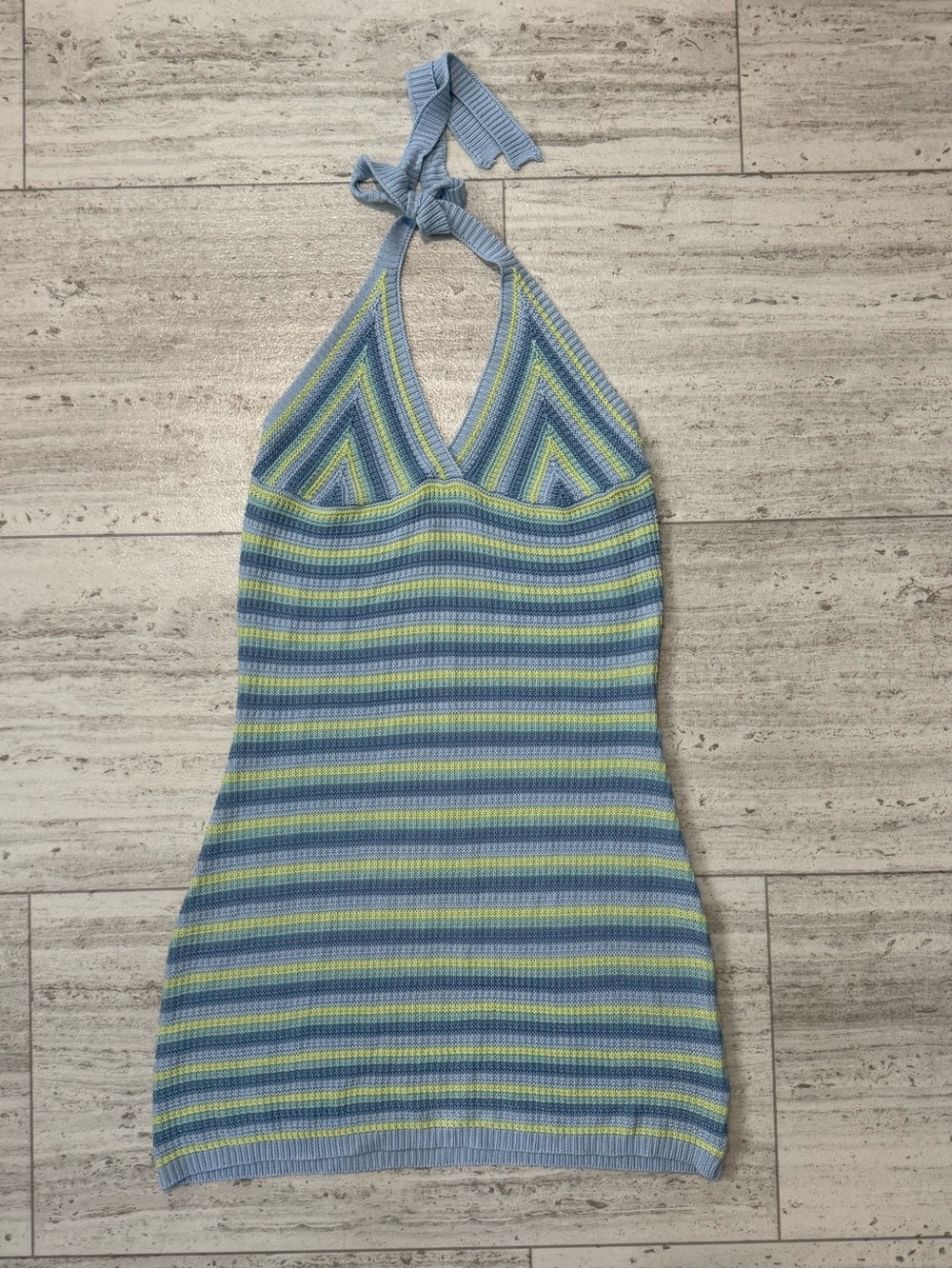 No Comment Y2K Crochet Knit Halter Mini Dress Blue Stripe XL
